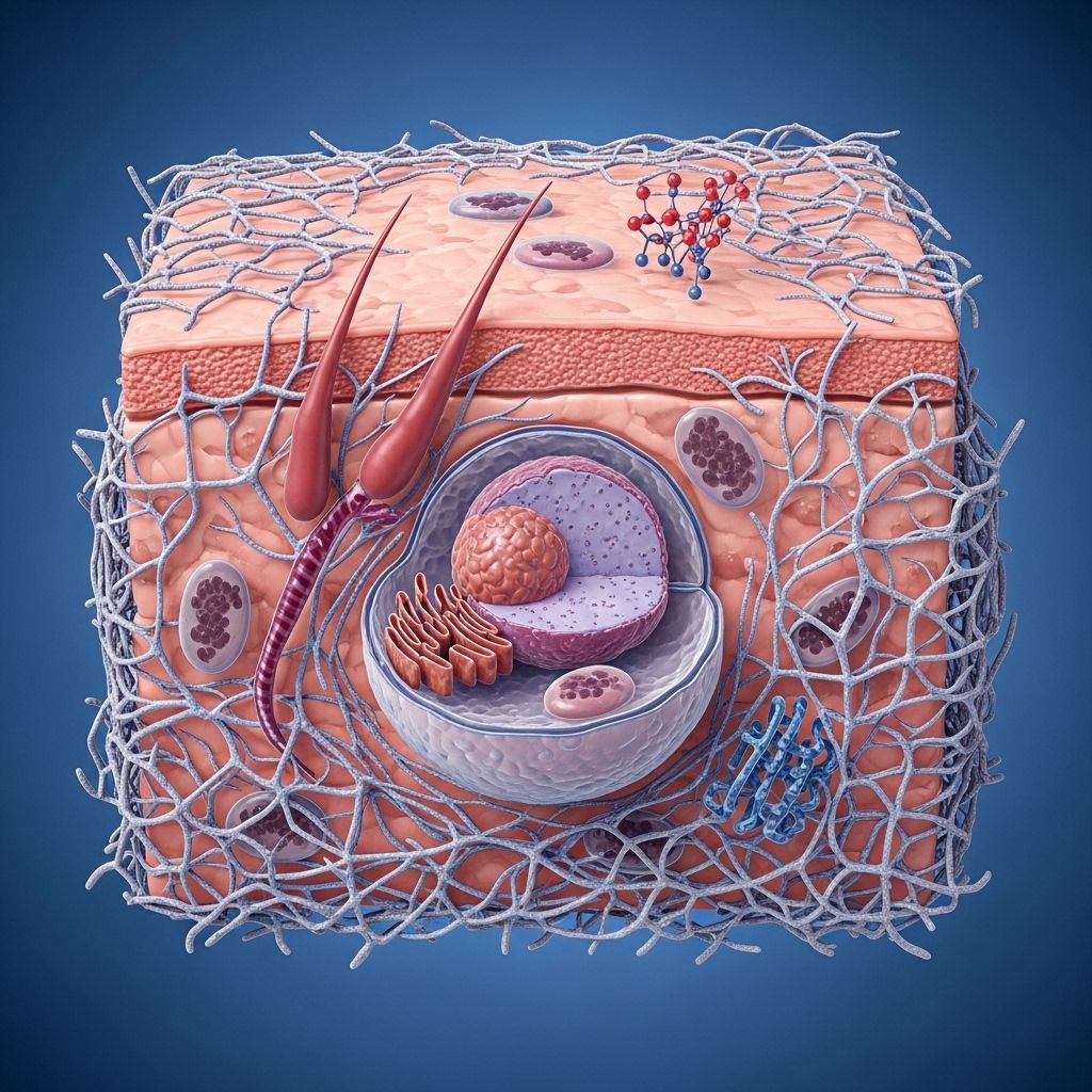 Tieteellinen abstrakti kaaviokuva solurakenteista sinisävyisessä taustassa, joka visualisoi ihosolujen biologisia prosesseja ja kollageenin verkostorakennetta