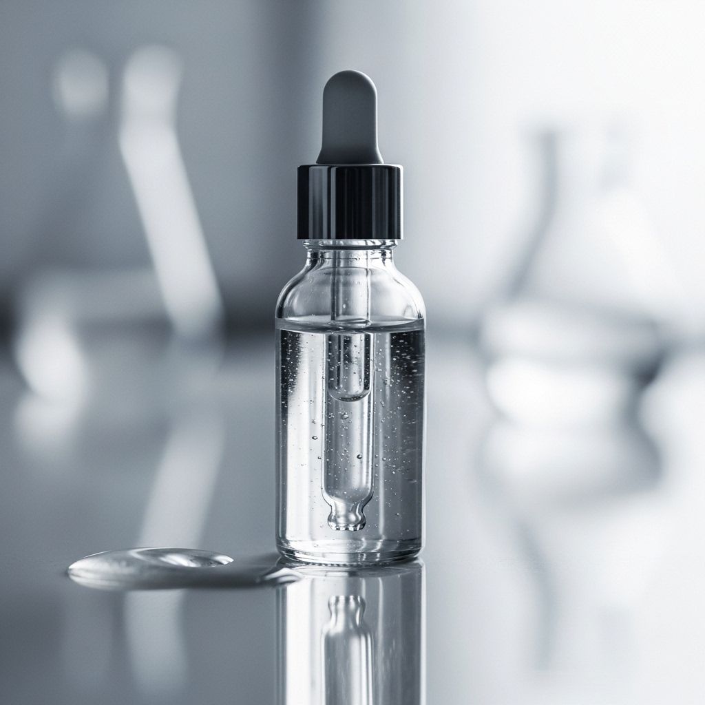 Lasinen pipettipullo, jossa kirkasta nestemäistä seerumia, heijastaa laboratoriomaisessa puhtaassa ympäristössä — kuvaa seerumin kevyttä koostumusta